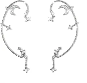 Moon Star Ear Cuff Earrings for Women Rhinestone Non Pierced Ear Crawler Clips Ear Cuffs for Women Non Piercing Ear Clip on Cuff Wrap Climber Crawler Earrings (Moon ear cuff)