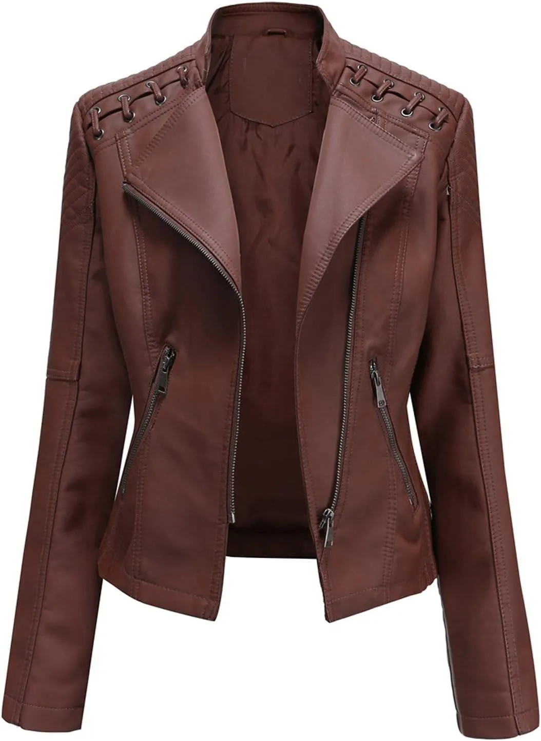 Motorcycle Jacket for Women Faux Leather Slim Fit Biker Coats Asymmetrical Zipper Long Sleeve Moto Jackets