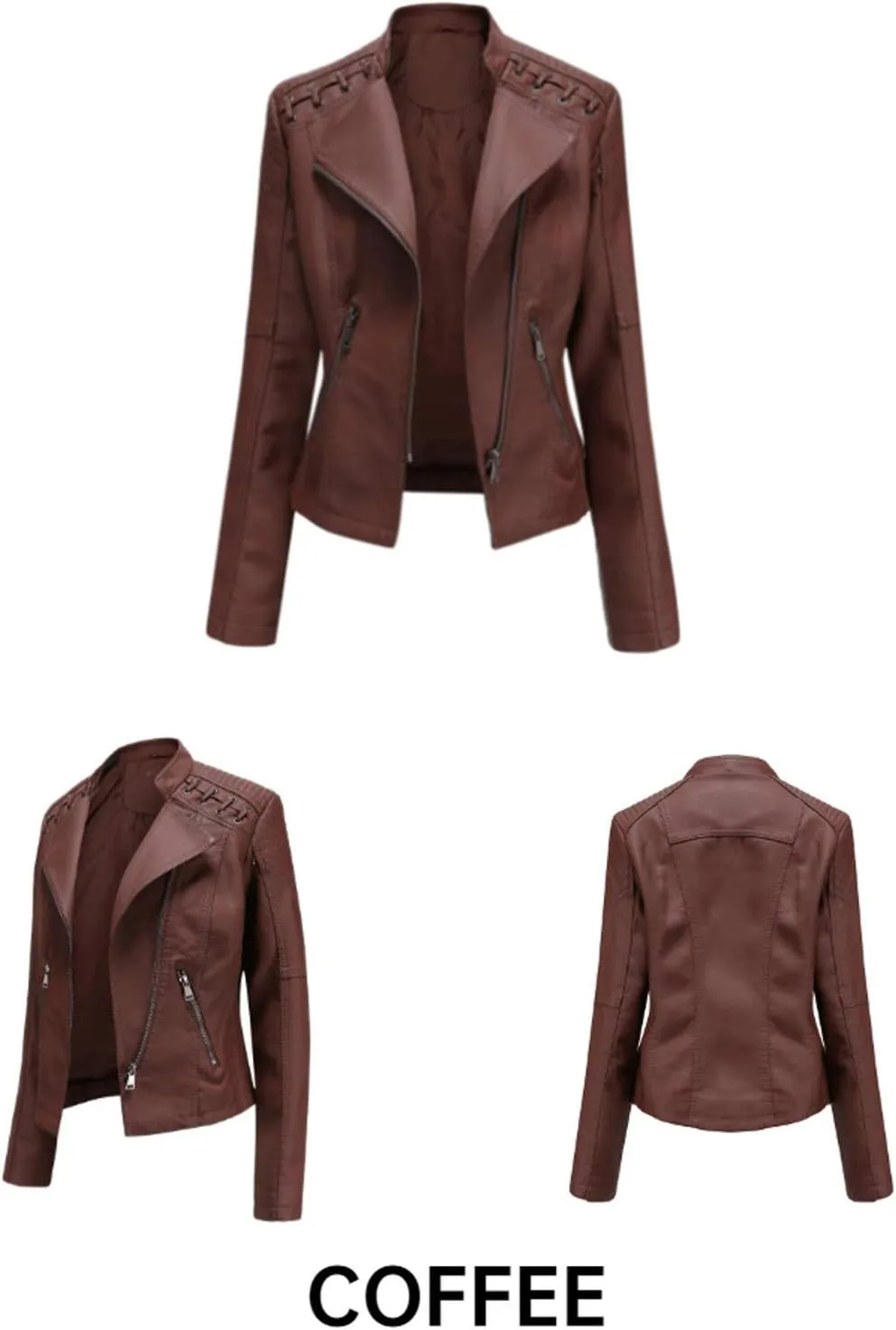 Motorcycle Jacket for Women Faux Leather Slim Fit Biker Coats Asymmetrical Zipper Long Sleeve Moto Jackets