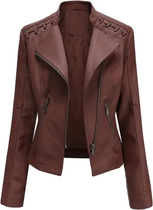 Motorcycle Jacket for Women Faux Leather Slim Fit Biker Coats Asymmetrical Zipper Long Sleeve Moto Jackets