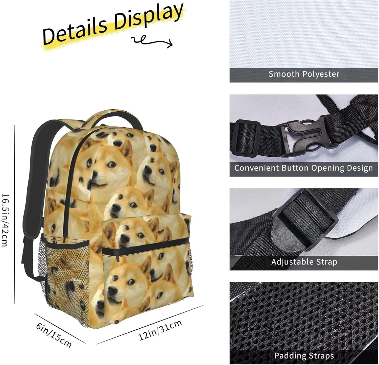 Mr Doge Meme Laptop Backpack Girls Boys Bookbag Cute Fashion Casual Travel Bag Preschool Large Daypack For With Chest Strap Multi-Pocket One Size