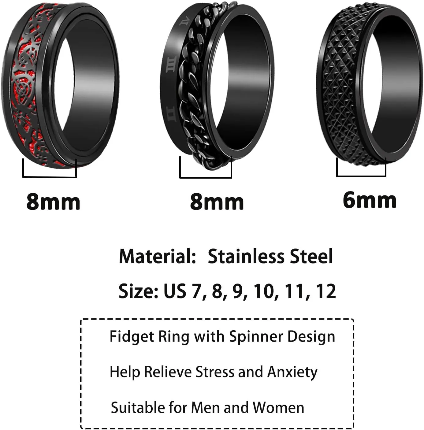 Nanafast 3 PCS Spinner Anxiety Rings Stainless Steel Spinner Ring Fidget Anxiety Rings for Women Men Relieving Stress Ring Anxiety Rings Set Size 6-12