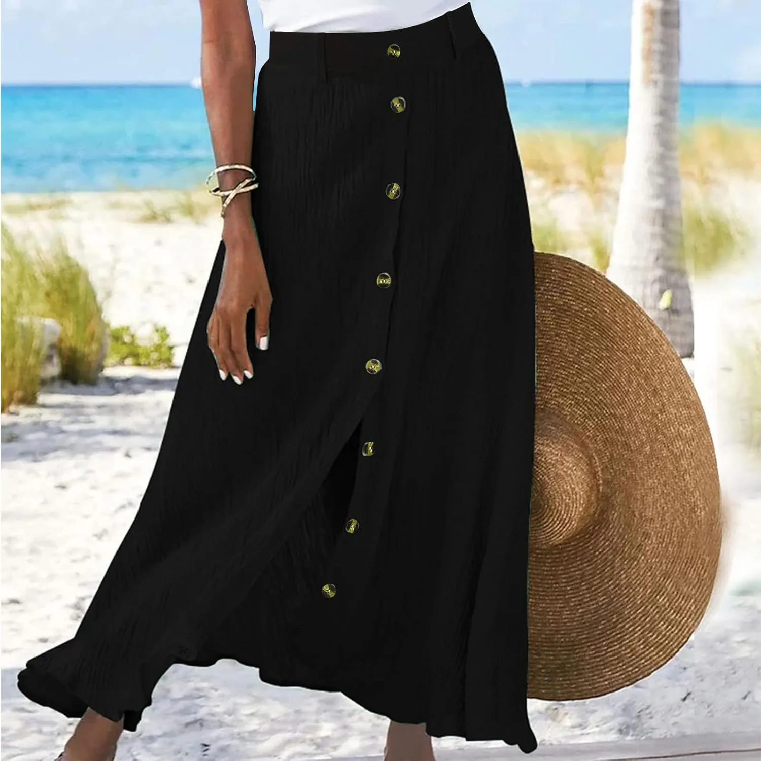 NaRHbrg Women's Cotton Linen Skirts Ladies Fashion Casual Loose Maxi Dress Asymmetrical Hem Sashes Mid-Calf Skirt