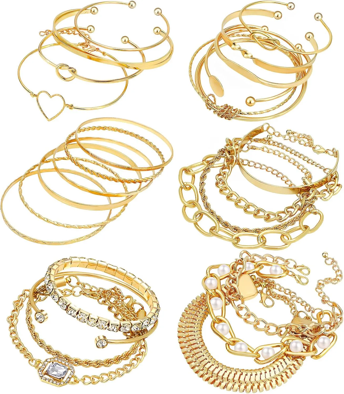NEWITIN 26 Pieces Gold Bracelets Set for Women Gold Plated Multiple Layered Stackable Cuff Wrap Cuban Chain Tennis Bracelet Open Adjustable Bangle Bracelets Jewelry Set for Women