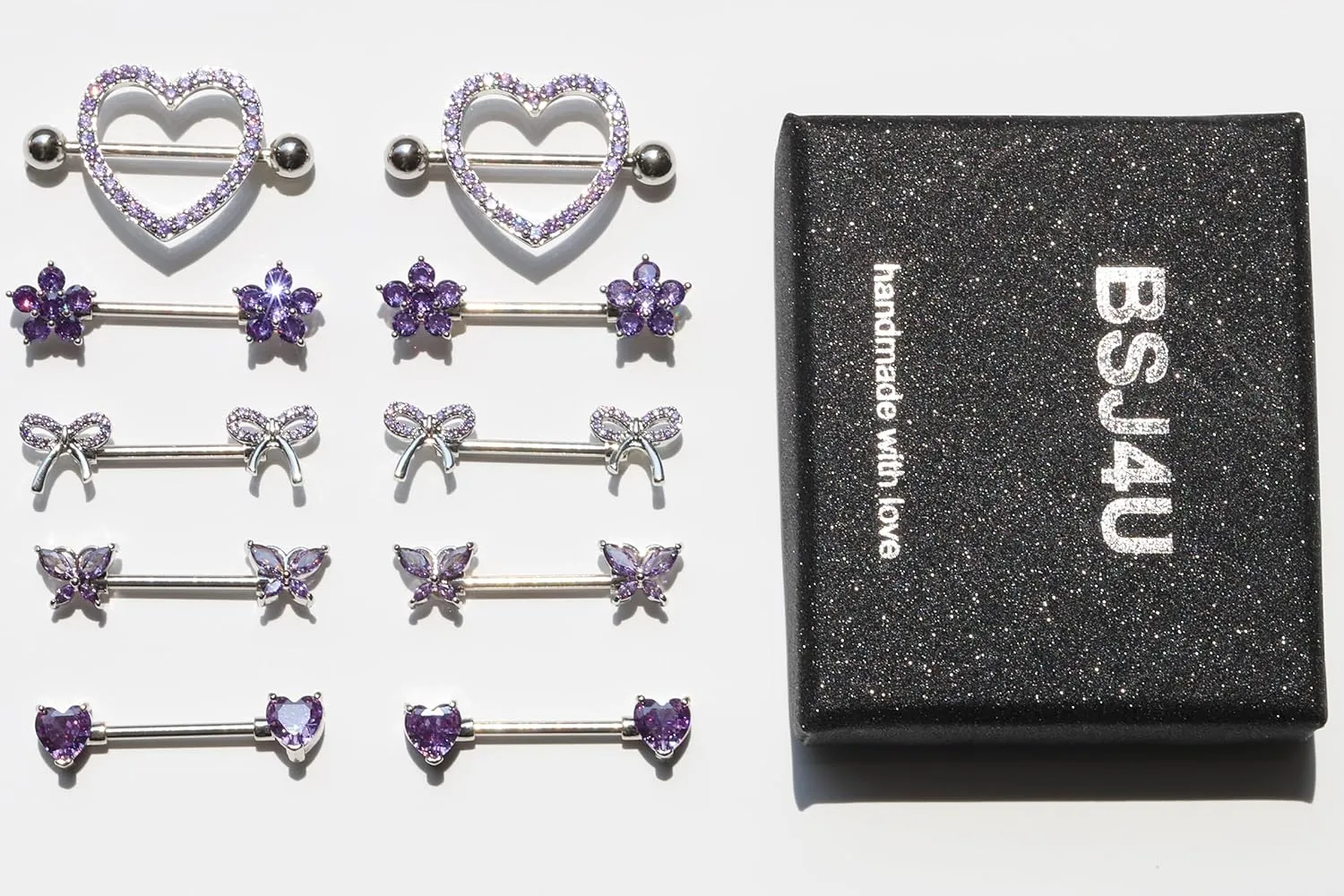 Nipple Rings - Surgical Stainless Steel Gold Silver Pink Blue Purple CZ Heart Butterfly Flower Bow Jewelry - 14 Gauge Nipple Bars and Barbells