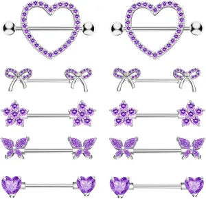 Nipple Rings - Surgical Stainless Steel Gold Silver Pink Blue Purple CZ Heart Butterfly Flower Bow Jewelry - 14 Gauge Nipple Bars and Barbells
