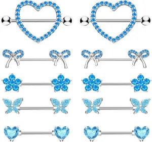 Nipple Rings - Surgical Stainless Steel Gold Silver Pink Blue Purple CZ Heart Butterfly Flower Bow Jewelry - 14 Gauge Nipple Bars and Barbells