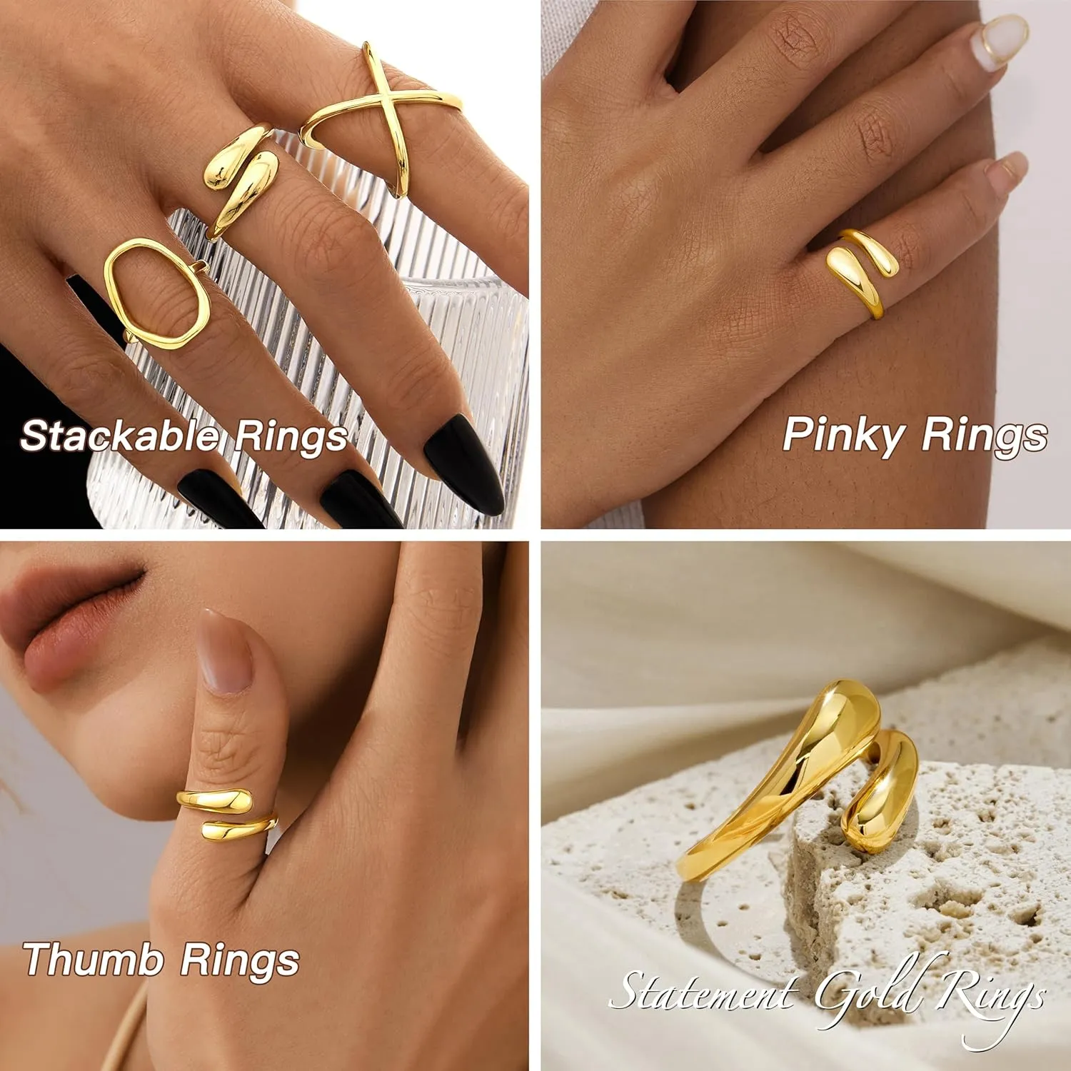Non Tarnish Gold Chunky Rings for Women, 14K Gold Plated Statement Dome Rings, Stackable Mens Wedding Band Jewelry Size 5-15