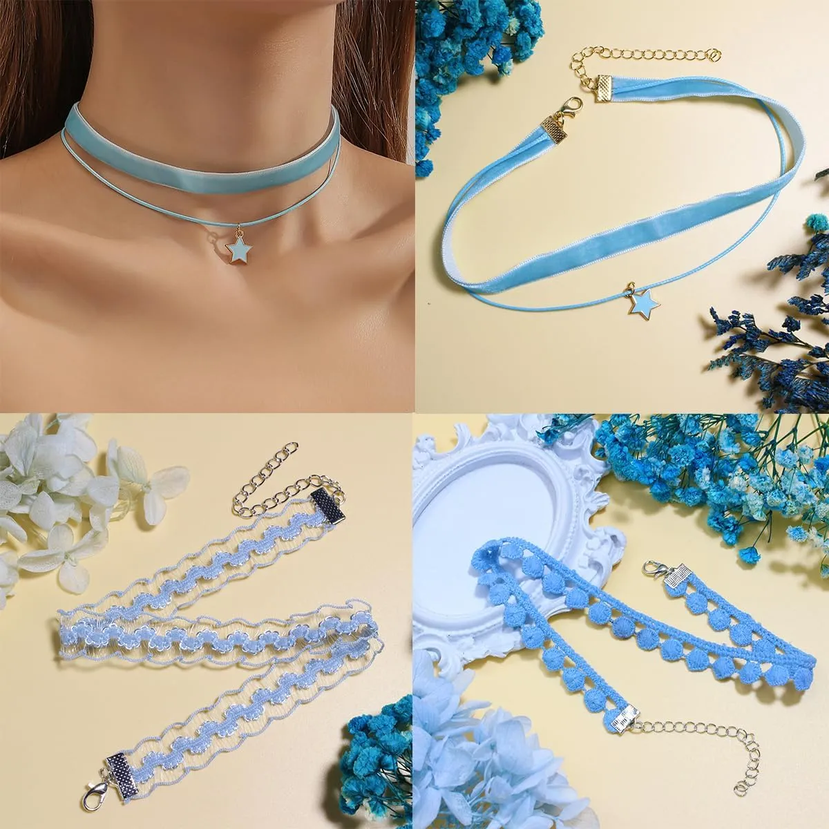 Nova&Aria Chokers Set For Women Heart Choker Necklaces Flower Pendant Velvet Cute Pink Turquoise Blue White Black Choker Necklace Christmas Colorful Lace Chokers