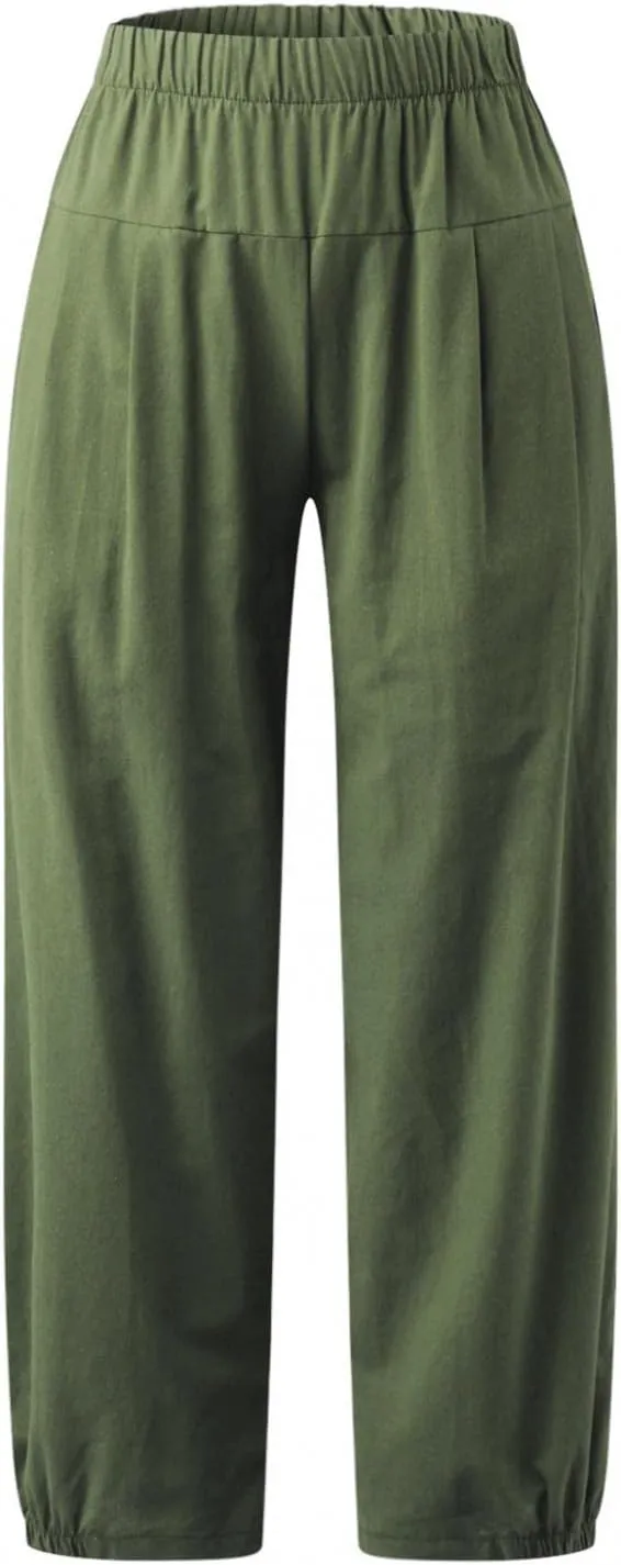 Nyybw High Waist Wide Leg Pants for Women Casual Crop Dress Pants Stretch Cotton Linen Pull On Office Capris Work Trousers