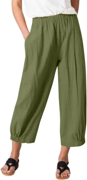 Nyybw High Waist Wide Leg Pants for Women Casual Crop Dress Pants Stretch Cotton Linen Pull On Office Capris Work Trousers