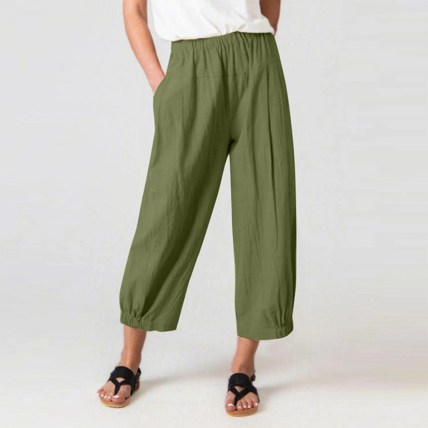 Nyybw High Waist Wide Leg Pants for Women Casual Crop Dress Pants Stretch Cotton Linen Pull On Office Capris Work Trousers