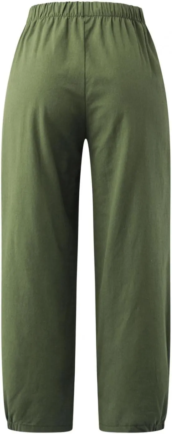 Nyybw High Waist Wide Leg Pants for Women Casual Crop Dress Pants Stretch Cotton Linen Pull On Office Capris Work Trousers