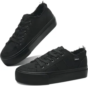 Obtaom Women Platform Canvas Sneakers White Comfort Play Fashion Sneakers Casual Lift Platform Lace Up Shoes Cute Low Top Walking Shoes for Lady