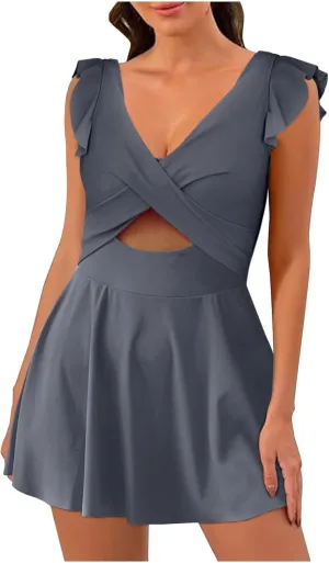 One Piece Cutout Skirt Swimsuit for Women V Neck One Piece Dress Swimsuits Solid Color Ruffle Sleeve Bathing Suit
