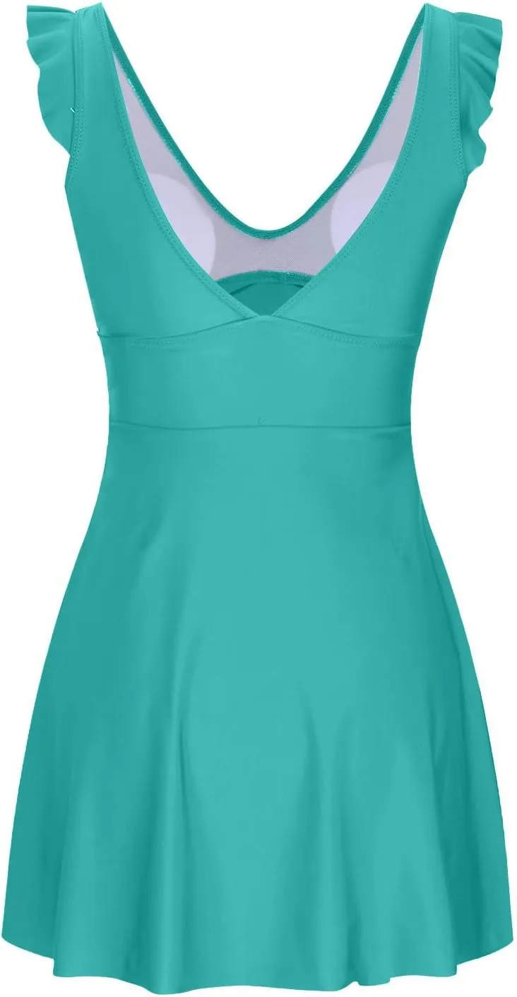 One Piece Cutout Skirt Swimsuit for Women V Neck One Piece Dress Swimsuits Solid Color Ruffle Sleeve Bathing Suit