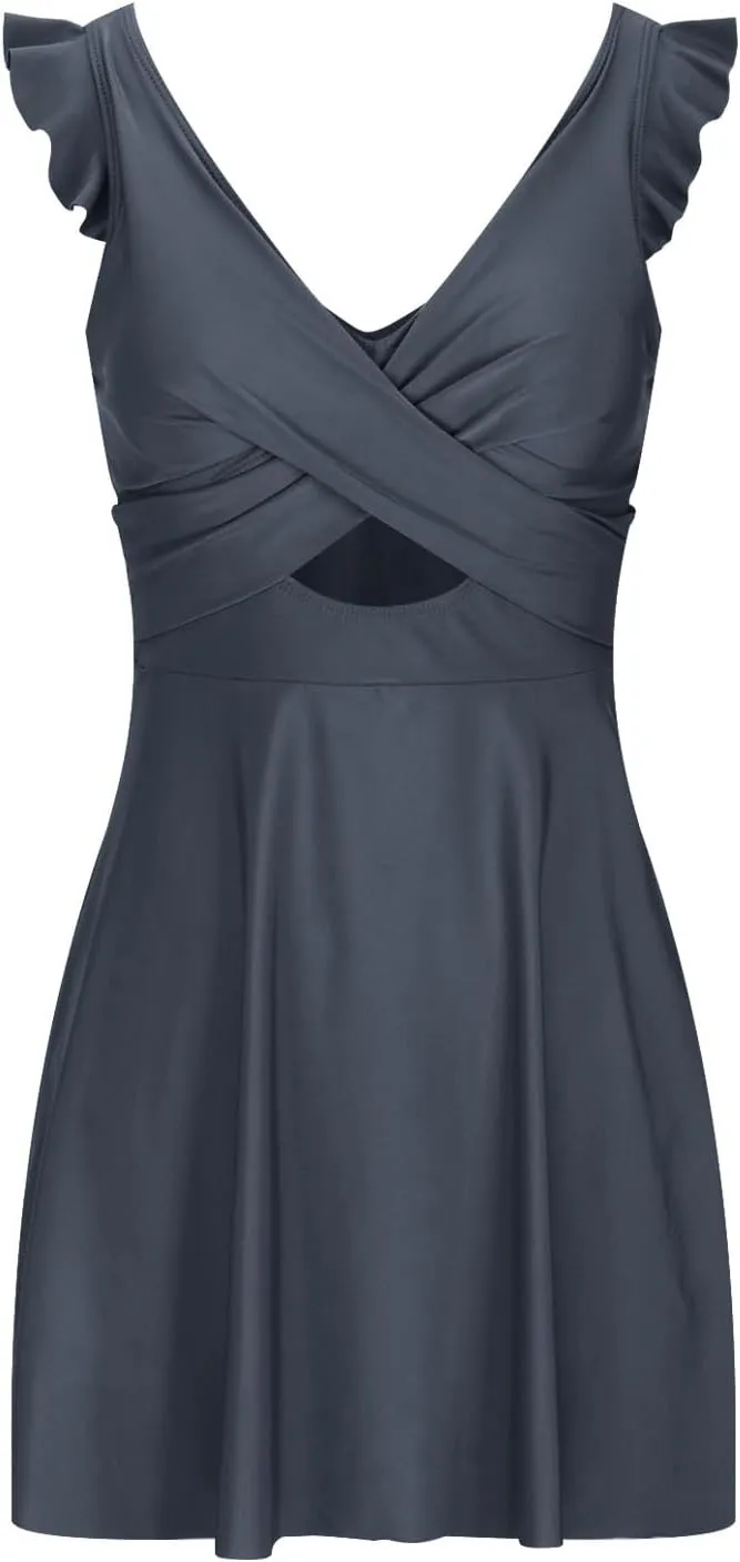 One Piece Cutout Skirt Swimsuit for Women V Neck One Piece Dress Swimsuits Solid Color Ruffle Sleeve Bathing Suit