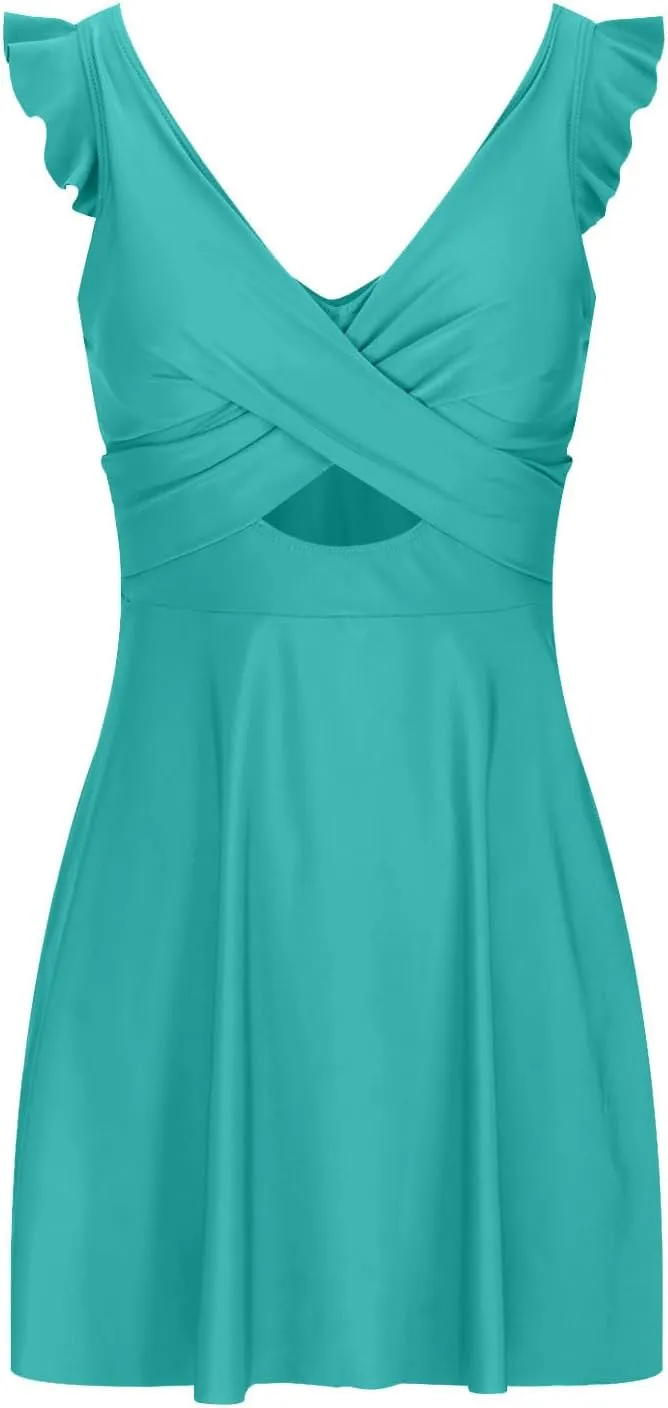 One Piece Cutout Skirt Swimsuit for Women V Neck One Piece Dress Swimsuits Solid Color Ruffle Sleeve Bathing Suit
