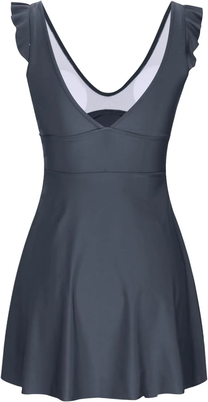 One Piece Cutout Skirt Swimsuit for Women V Neck One Piece Dress Swimsuits Solid Color Ruffle Sleeve Bathing Suit