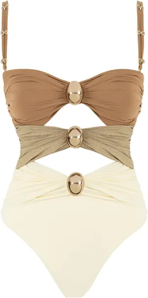 One Piece Swimsuit for Women Fashion Casual Gold Round Button Batching Suits Three Color Hollow Patchwork Beachwear