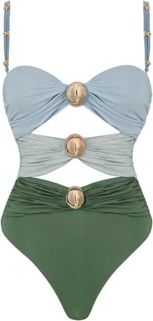 One Piece Swimsuit for Women Fashion Casual Gold Round Button Batching Suits Three Color Hollow Patchwork Beachwear