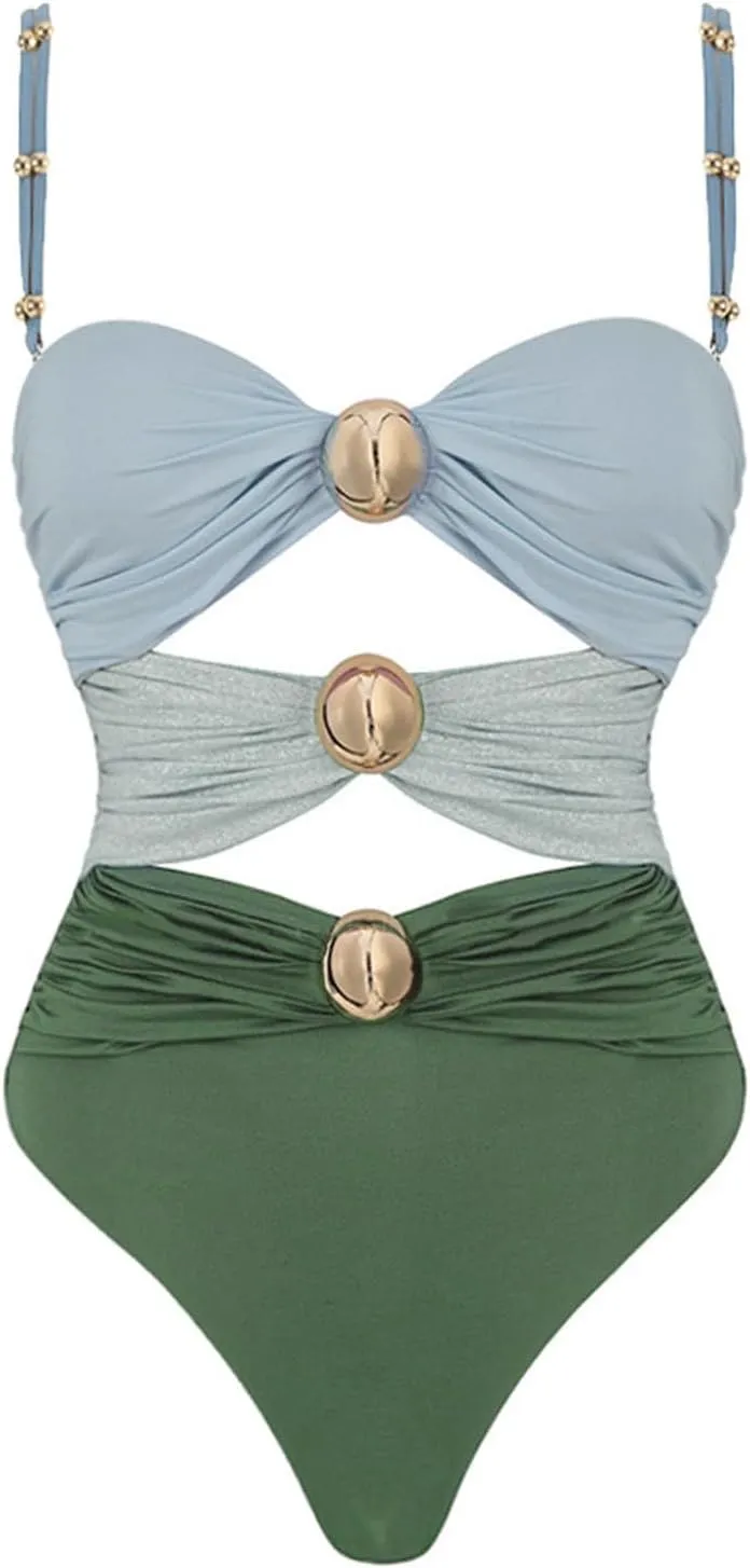 One Piece Swimsuit for Women Fashion Casual Gold Round Button Batching Suits Three Color Hollow Patchwork Beachwear
