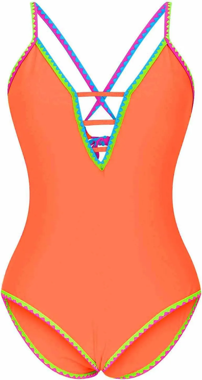One Piece Swimsuit for Women Tummy Control Deep V Neck Bathing Suit Back Tie Swim Suits 2025 Summer