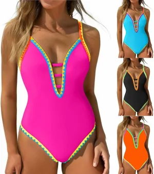 One Piece Swimsuit for Women Tummy Control Deep V Neck Bathing Suit Back Tie Swim Suits 2025 Summer