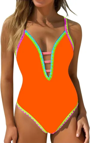 One Piece Swimsuit for Women Tummy Control Deep V Neck Bathing Suit Back Tie Swim Suits 2025 Summer