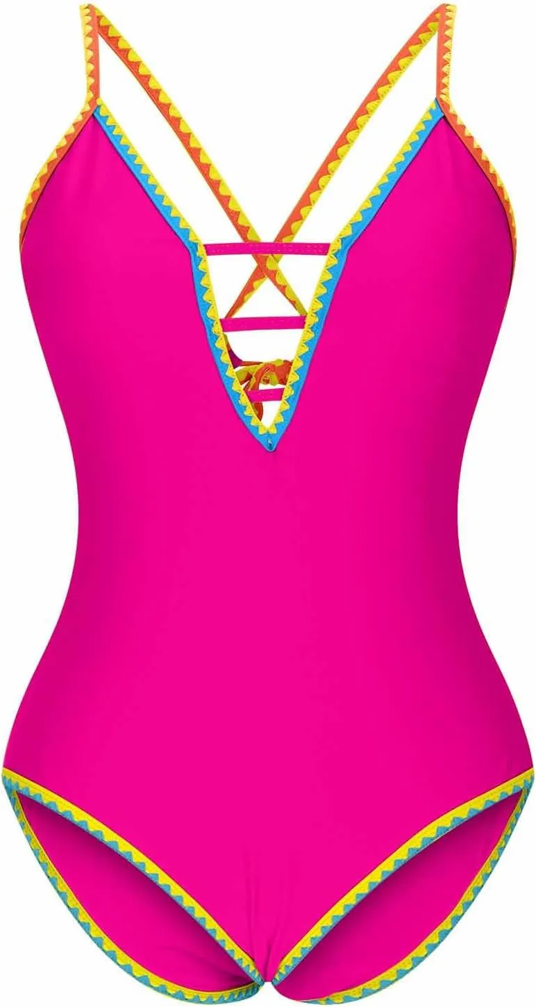 One Piece Swimsuit for Women Tummy Control Deep V Neck Bathing Suit Back Tie Swim Suits 2025 Summer