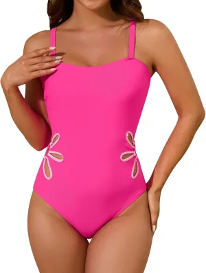 One Piece Swimsuit Women Slimming Full Coverage Color Block Modest Bathing Suit Sexy Cutout Flower Swimwear