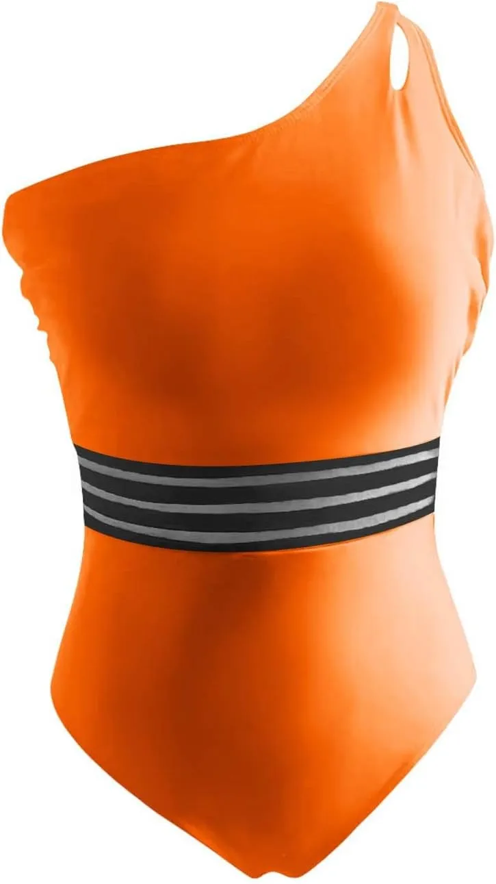 One Shoulder One Piece Swimsuits for Women Sexy Lace Patchwork Swimwear Modest Full Coverage Bathing Suits Surfsuit