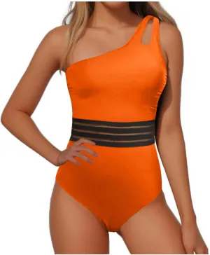 One Shoulder One Piece Swimsuits for Women Sexy Lace Patchwork Swimwear Modest Full Coverage Bathing Suits Surfsuit