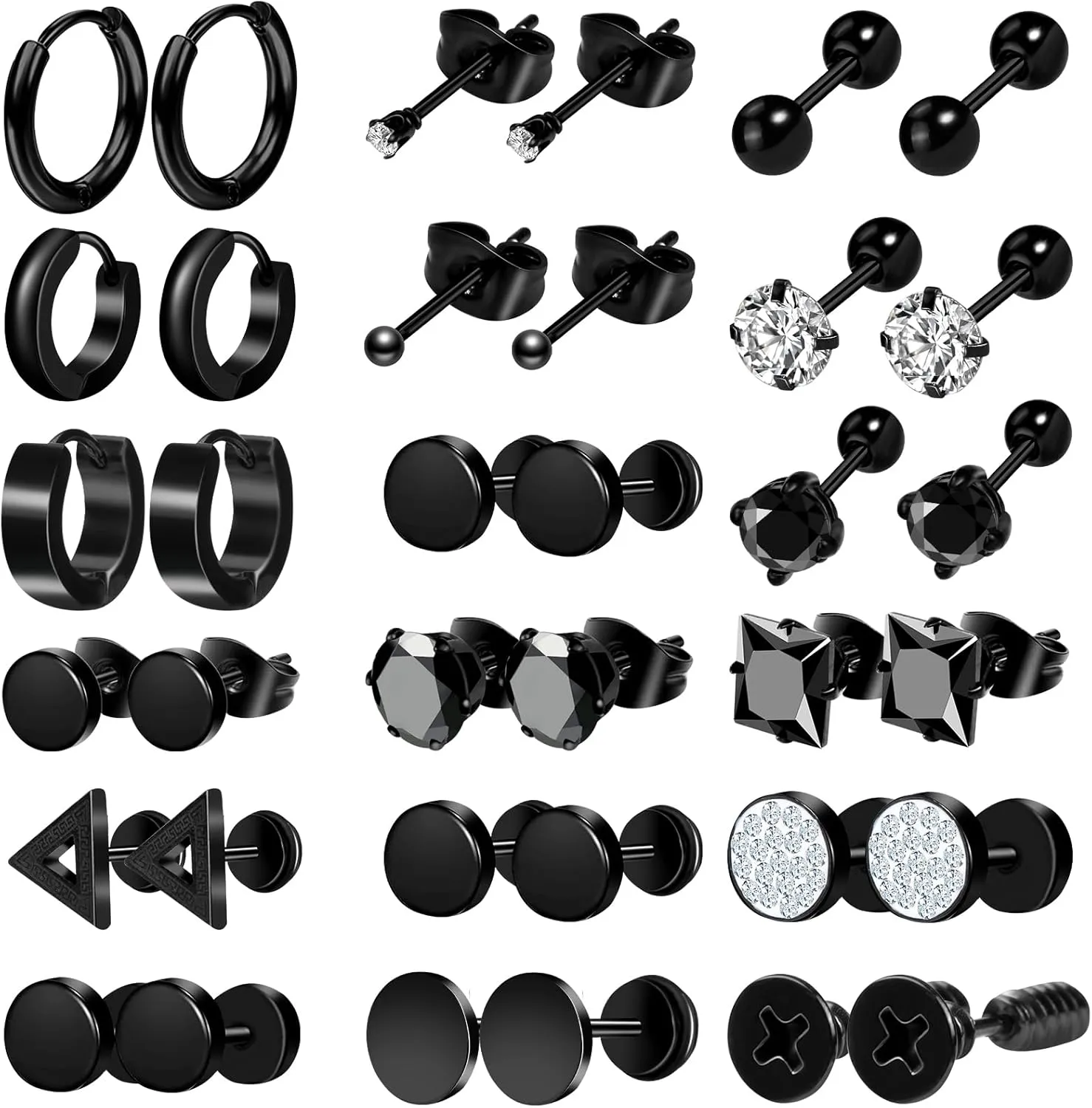 ONESING 12/18 Pcs Mens Earrings Black Earrings for Men Stainless Steel Earrings Piercing Jewelry Stud Hoop Punk Earrings Set