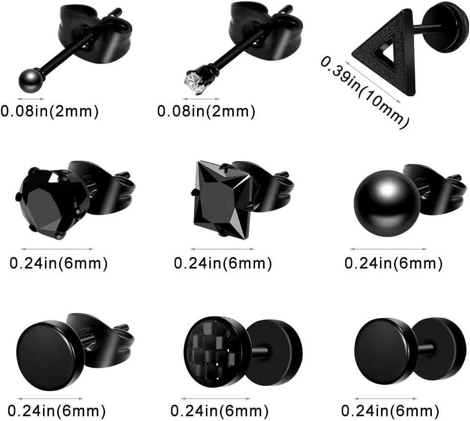 ONESING 12/18 Pcs Mens Earrings Black Earrings for Men Stainless Steel Earrings Piercing Jewelry Stud Hoop Punk Earrings Set