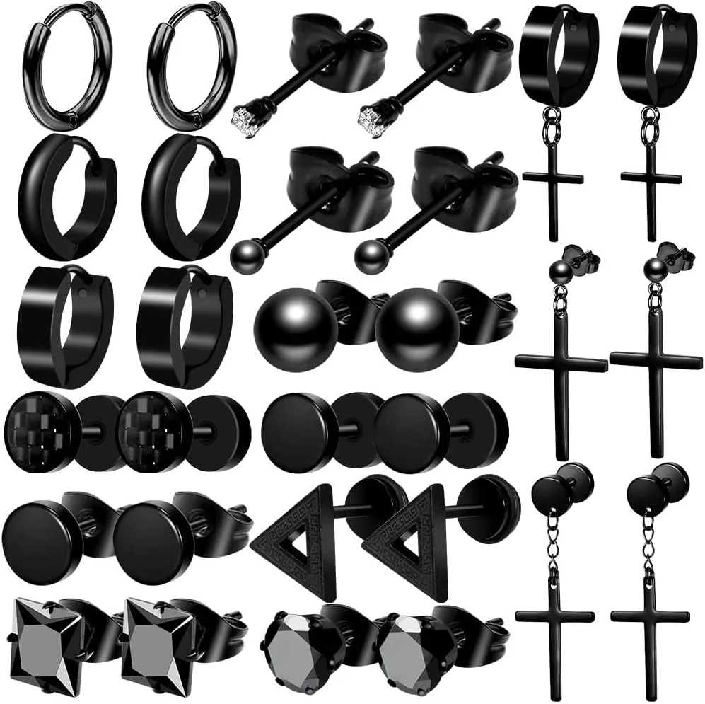 ONESING 12/18 Pcs Mens Earrings Black Earrings for Men Stainless Steel Earrings Piercing Jewelry Stud Hoop Punk Earrings Set