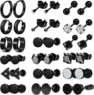ONESING 12/18 Pcs Mens Earrings Black Earrings for Men Stainless Steel Earrings Piercing Jewelry Stud Hoop Punk Earrings Set