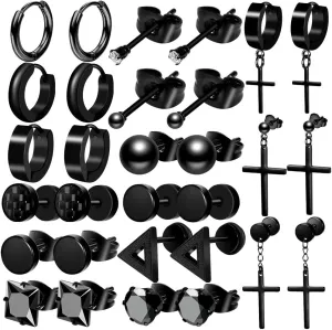 ONESING 12/18 Pcs Mens Earrings Black Earrings for Men Stainless Steel Earrings Piercing Jewelry Stud Hoop Punk Earrings Set