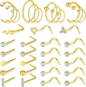 ONESING 23-40 Pcs Gold Nose Rings & Studs - 18G & 20G Nose Piercing Jewelry - L Shape, Hoop & Screw Body Jewelry for Women & Men