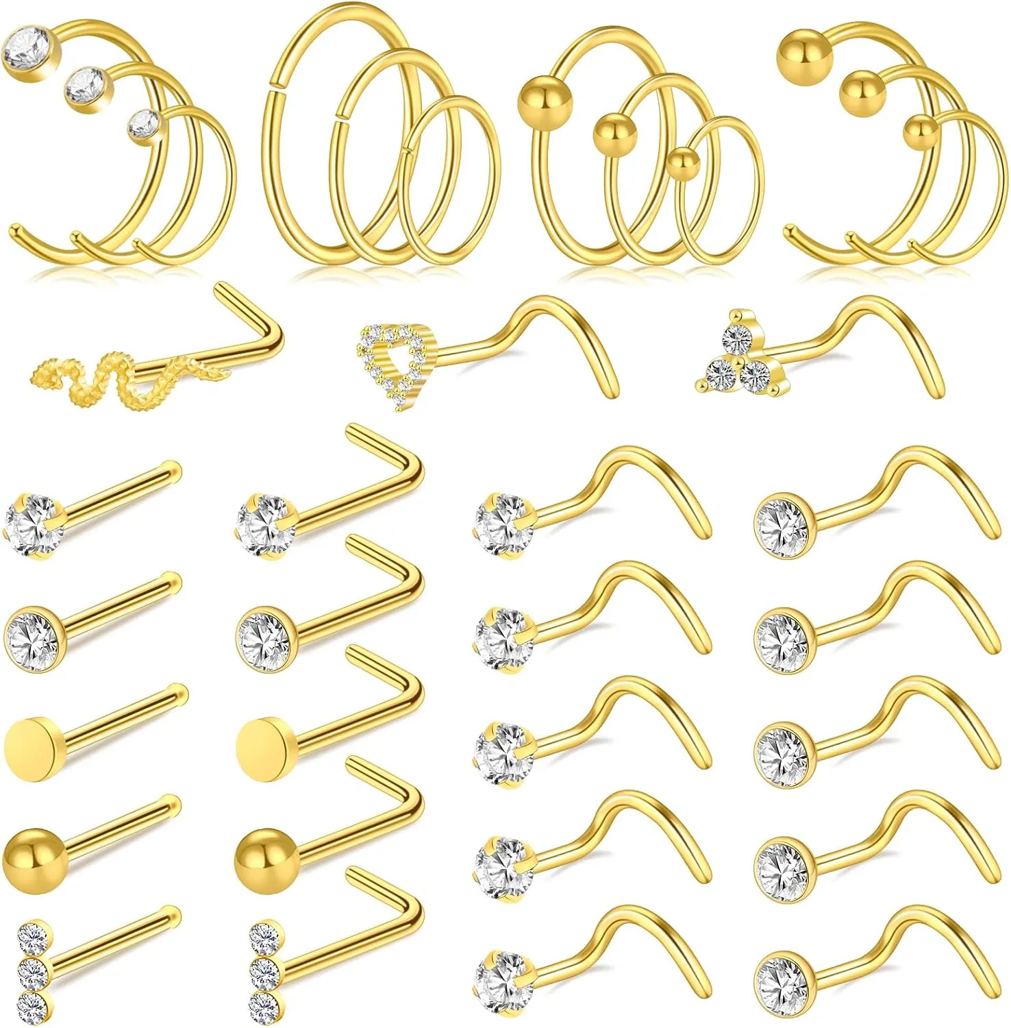 ONESING 23-40 Pcs Gold Nose Rings & Studs - 18G & 20G Nose Piercing Jewelry - L Shape, Hoop & Screw Body Jewelry for Women & Men