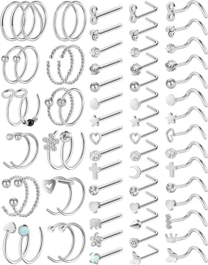 ONESING 35-70 PCS 18G 20G Nose Rings for Women & Men - Gold Hoops, L Shape, Studs & Screw - 316L Surgical Stainless Steel