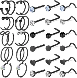 ONESING 9-40 Pcs Nose Rings - Hoops, Studs & L Shape - Hypoallergenic Stainless Steel Nose Piercings for Women & Men