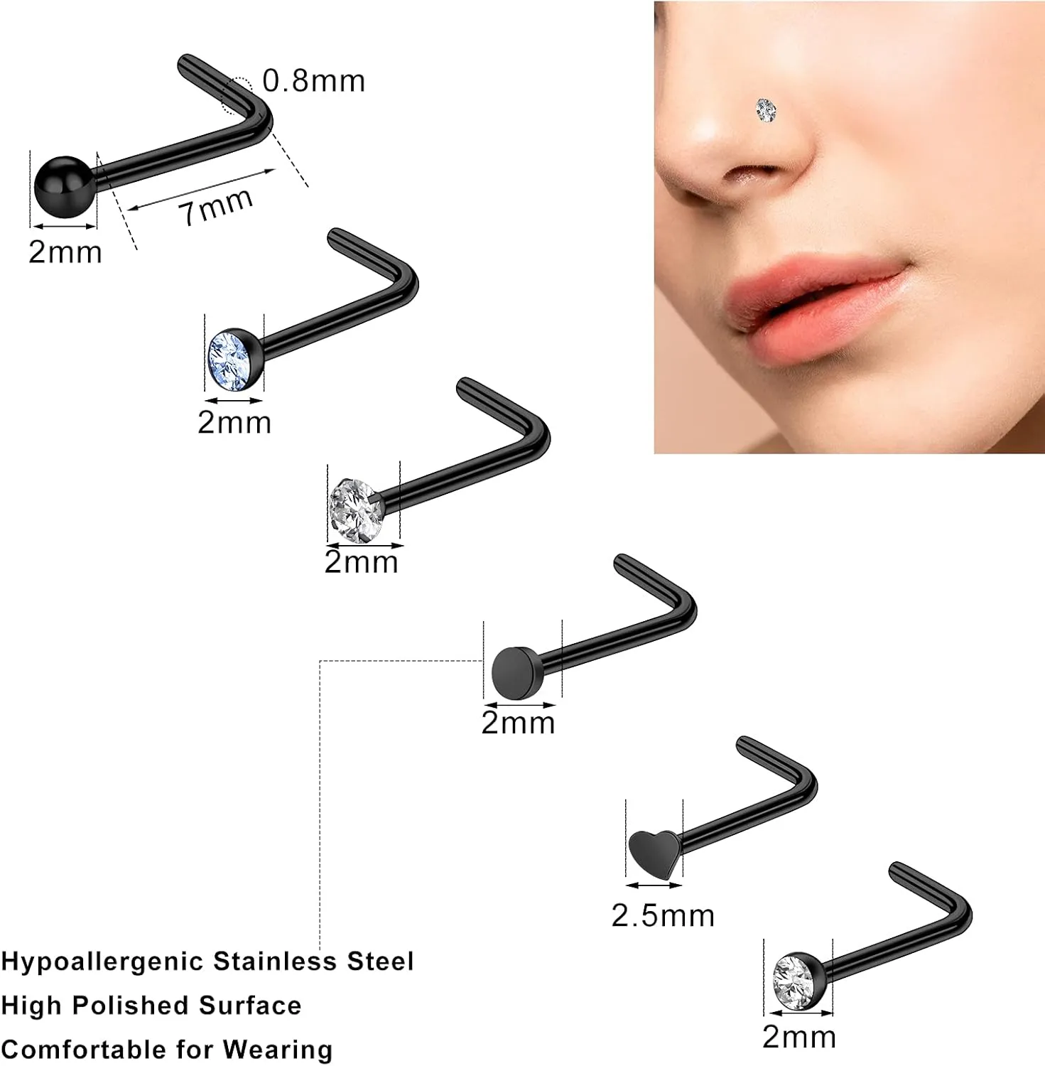 ONESING 9-40 Pcs Nose Rings - Hoops, Studs & L Shape - Hypoallergenic Stainless Steel Nose Piercings for Women & Men