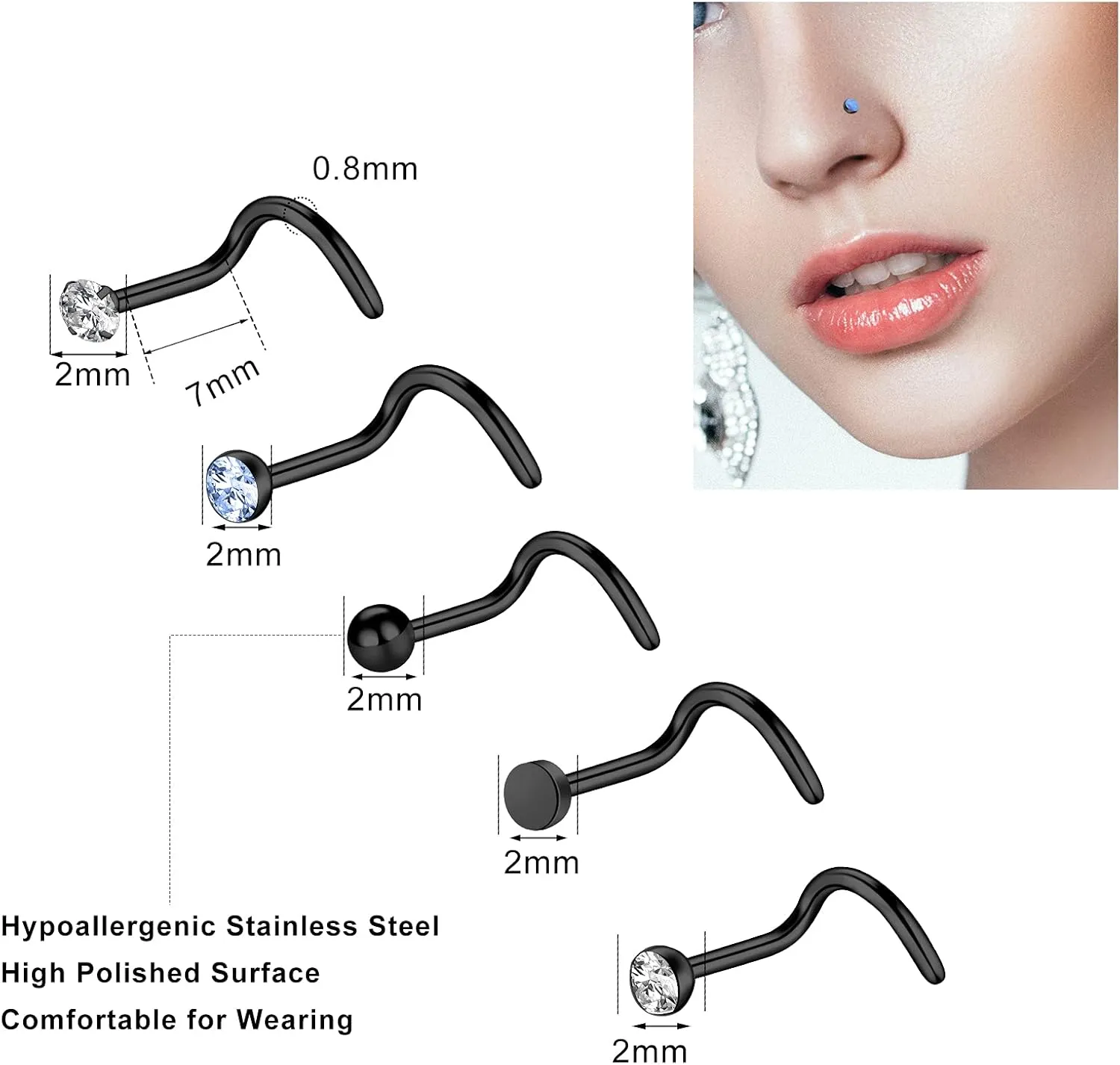 ONESING 9-40 Pcs Nose Rings - Hoops, Studs & L Shape - Hypoallergenic Stainless Steel Nose Piercings for Women & Men