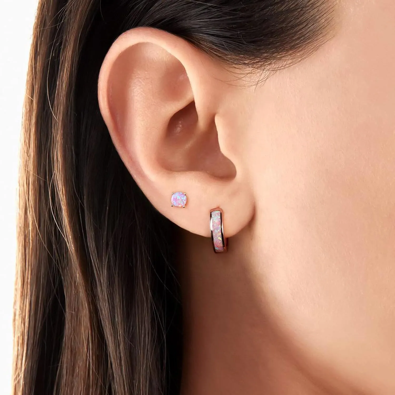 Opal Stud Huggie Hoop Earrings: Hypoallergenic 14K Gold/Silver/Rose Gold Plated Small Hoop Earrings for Women Sensitive Ears