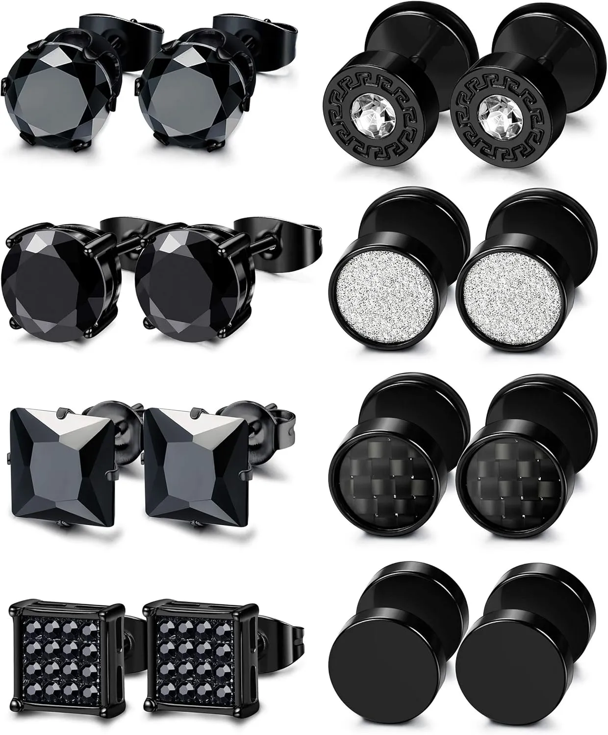 ORAZIO 8 Pairs Stainless Steel Black CZ Stud Earrings Set for Men Women Silver Cubic Zirconia Barbell EarringsBlack