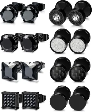 ORAZIO 8 Pairs Stainless Steel Black CZ Stud Earrings Set for Men Women Silver Cubic Zirconia Barbell EarringsBlack