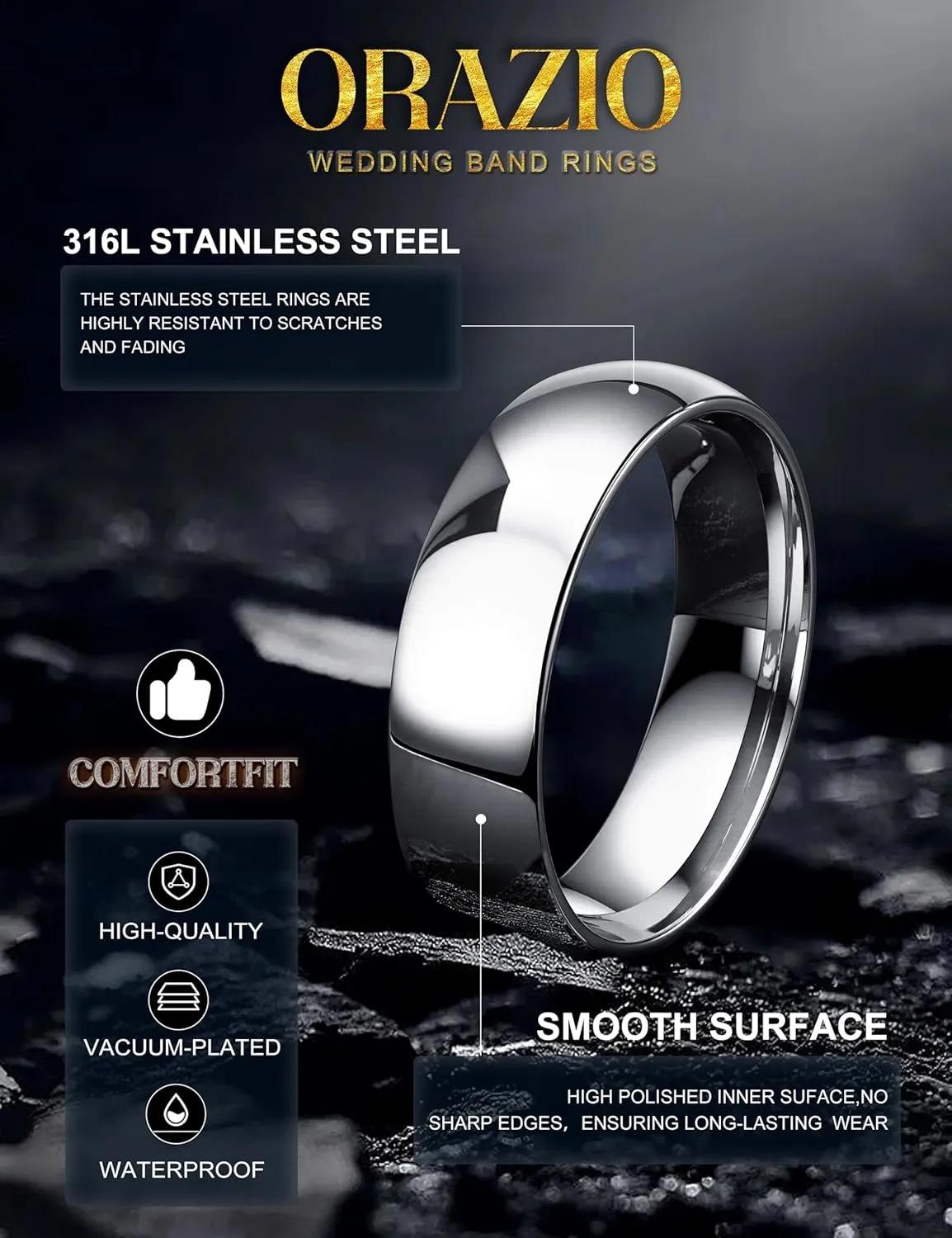 ORAZIO Stainless Steel Rings for Men Women 6MM 8MM Wedding Band Rings Silver/Black/Gold Domed High Polished Basic Wedding Bands Comfort Fit Size 6-14