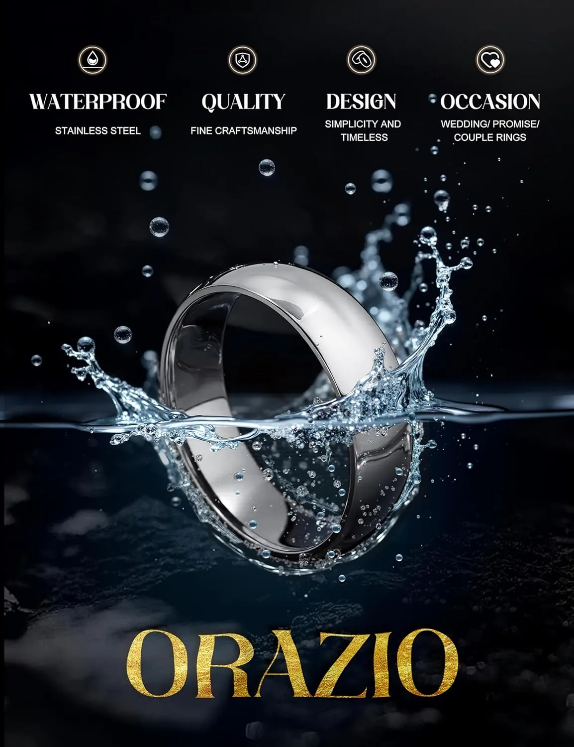 ORAZIO Stainless Steel Rings for Men Women 6MM 8MM Wedding Band Rings Silver/Black/Gold Domed High Polished Basic Wedding Bands Comfort Fit Size 6-14