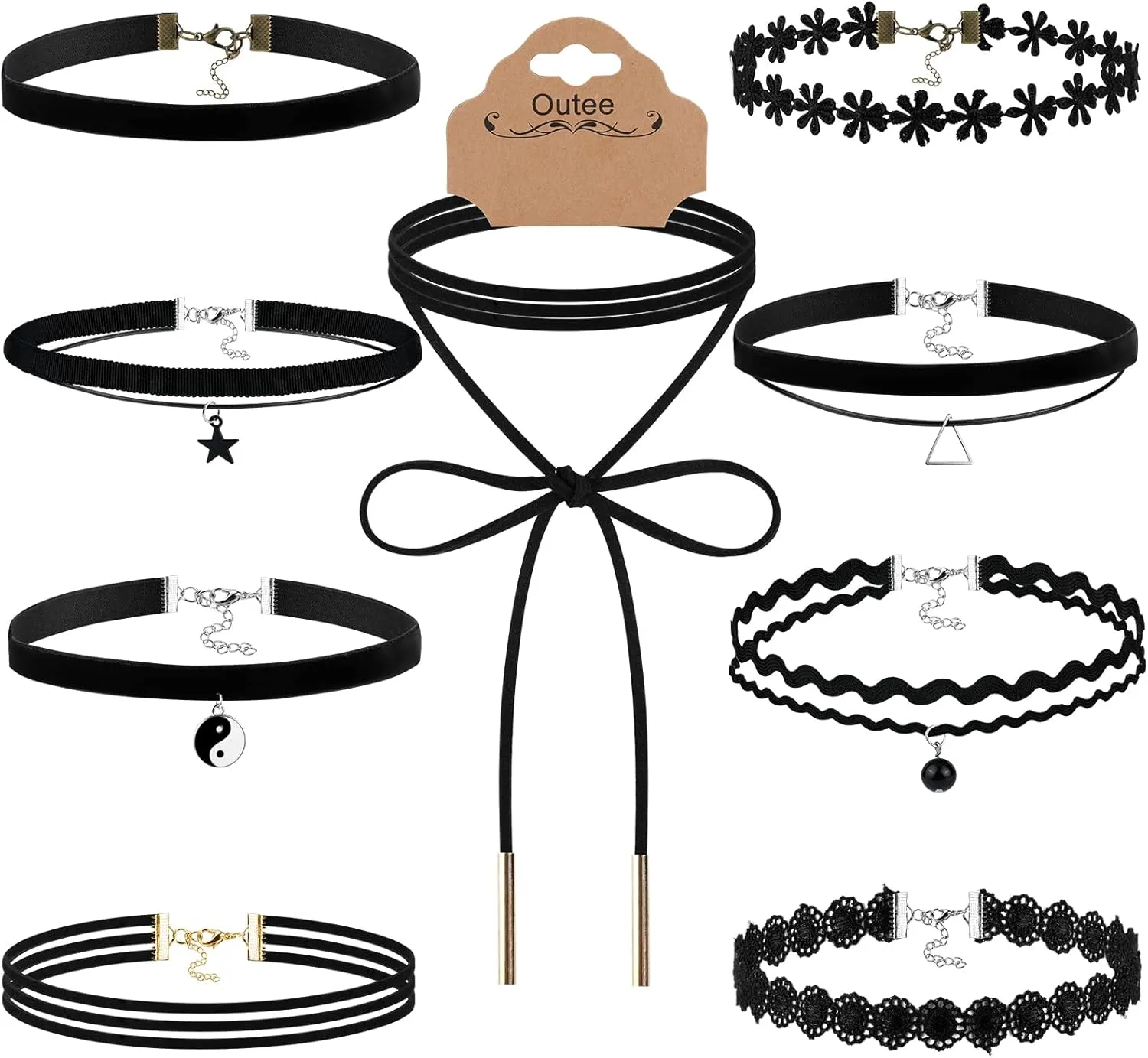 Outee 9 Pcs Choker Set Black Chokers Necklaces for Women Black Velvet Choker Necklaces Ribbon Chokers for Women